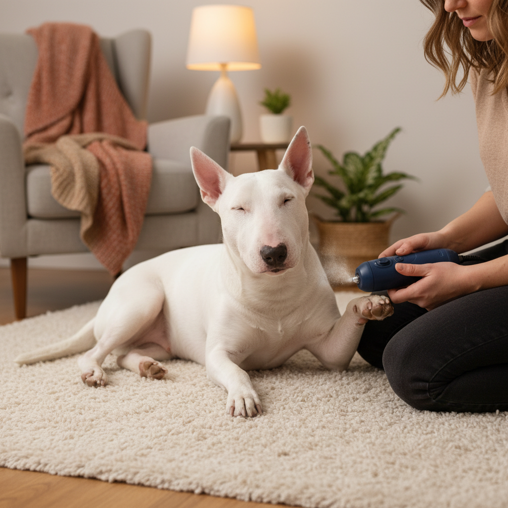 Bull terrier blanc détendu pendant le toilettage des griffes
