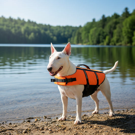 Bull terrier blanc portant un gilet de sauvetage orange au bord d'un lac